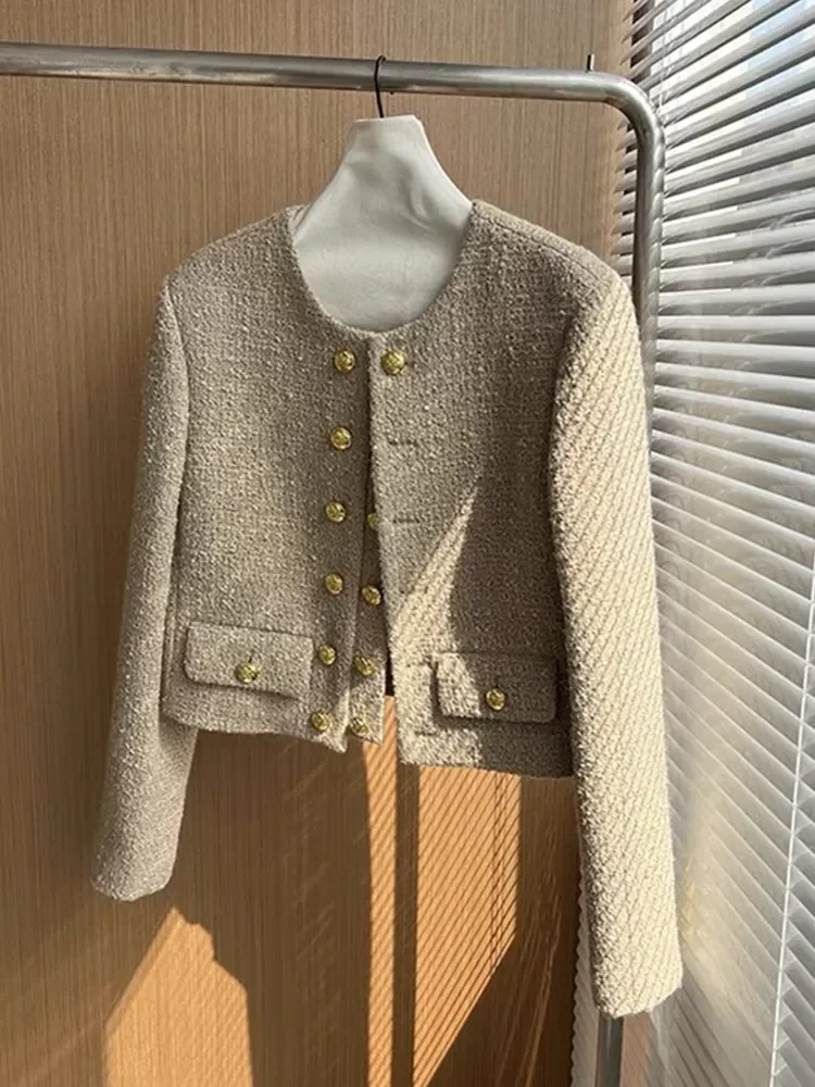 New High End Elegant Tweed Jacket Coat Women Autumn Winter Long Sleeve O-neck Double Breasted Woolen Outwear French Runway Tops