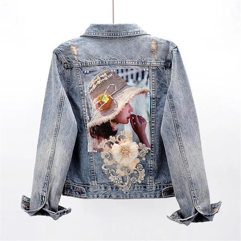 Spring and Autumn Womens Denim Jacket Long Sleeve Coat Loose 3D Button Pearl Coat Open Skirt Jeans Jacket 241112