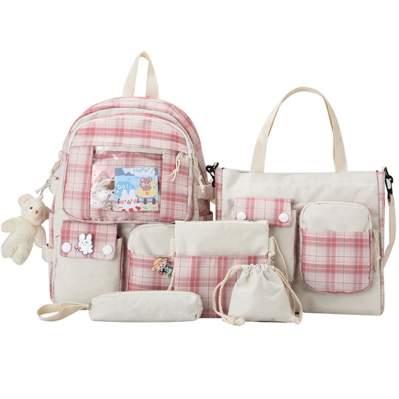 5pcs Plaid Backpack School Student Bookbags Casual Daypack Handbag Shoulder Drawstring Bag Pencil for Case Set for Girls Women e8dd8