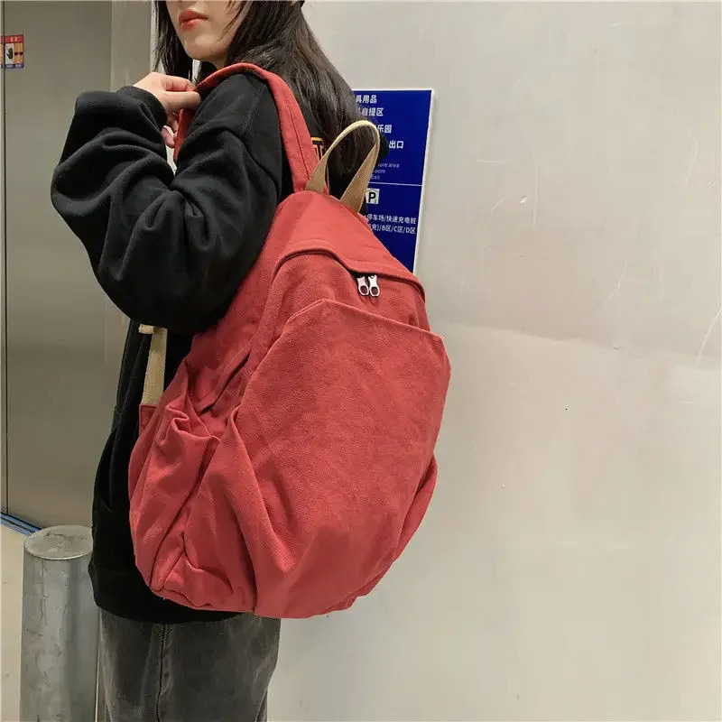 Korean Harajuku Simple Large Capacity All match Canvas Backpack Womens Solid Color Retro All match Preparatory Student Bag 241111
