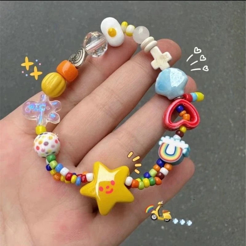 Dopamine Colorful Love Enamel Bracelets New Design Cute Heart Candy Color Bracelets Sweet Rainbow Star Elastic Rope Bracelets
