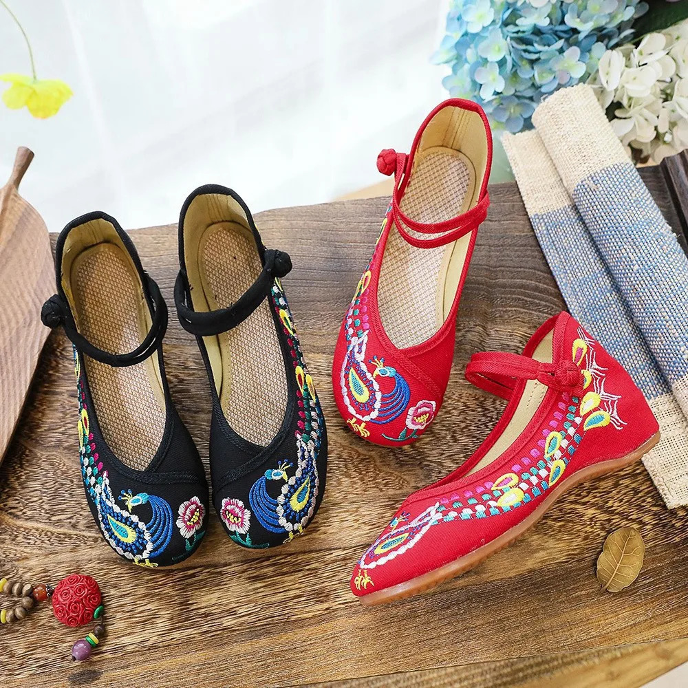 Veowalk Retro Womens Cotton Embroidered Comfortable Ballet Apartment Womens Casual Ballet Shoes Black Red Size 40 41 42 241111