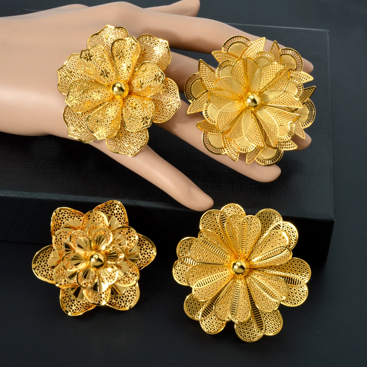 Dubai Nigerian Gold Plated Rings Big Flower Jewellery Indian Bride Wedding Ethiopian Luxury Finger Jewelry For Women Party Gift