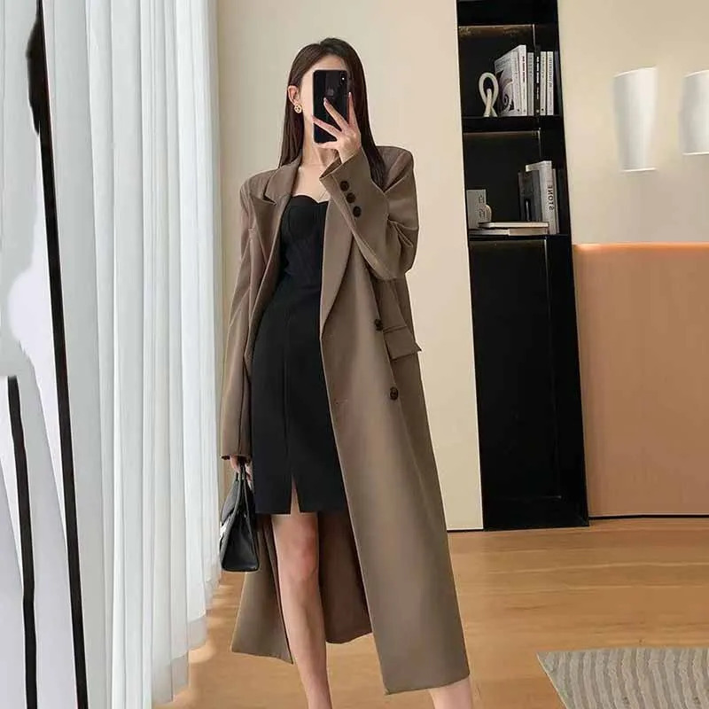 Lucyever Korean Style Chic Office Lady Long Blazers Elegant Double Breasted Blazer Jacket Women Fashion Streetwear Trench Coat 241112