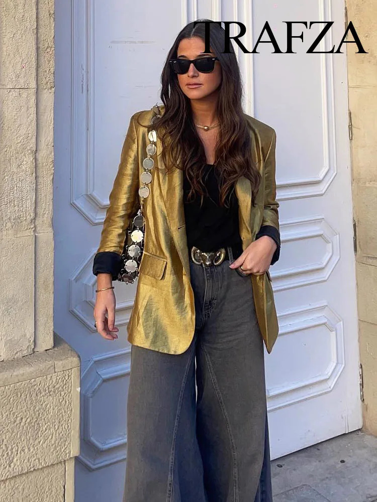 TRAFZA Autumn Womens Fashion Gold Blazer Retro V Neck Party Long Sleeve Button Up Pocket Casual Chic Top 241112