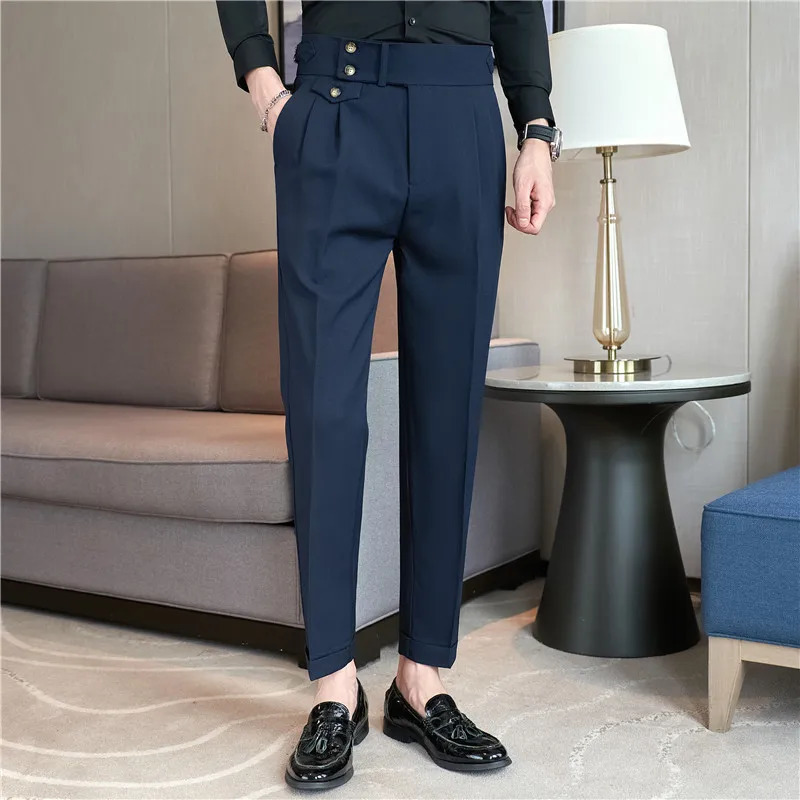 Spring Autumn Men High Waist Belt n Casual Slim Formal Dress Pant Social Office Wedding Party Suit Pants 241112