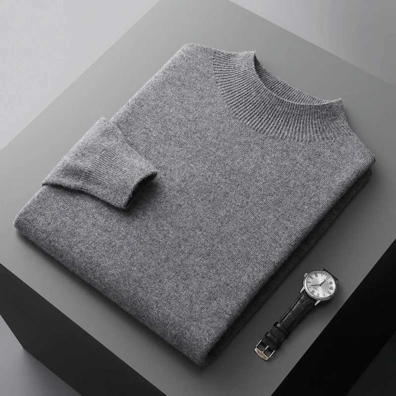 100% Merino wool mens sweater turtle neck knitted long sleeved mens zipper basic solid color casual mens top W2411111