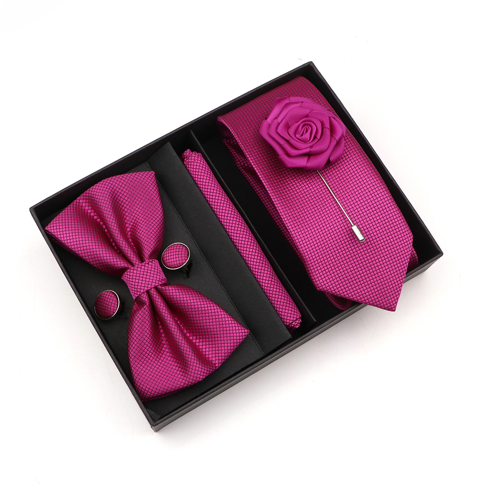 Solid Color Slim Plaid Ties Set With Box Purple Pink Bowties Handkerchiefs Brooches Cufflinks For Wedding Suit Accessories Gifts 950fb