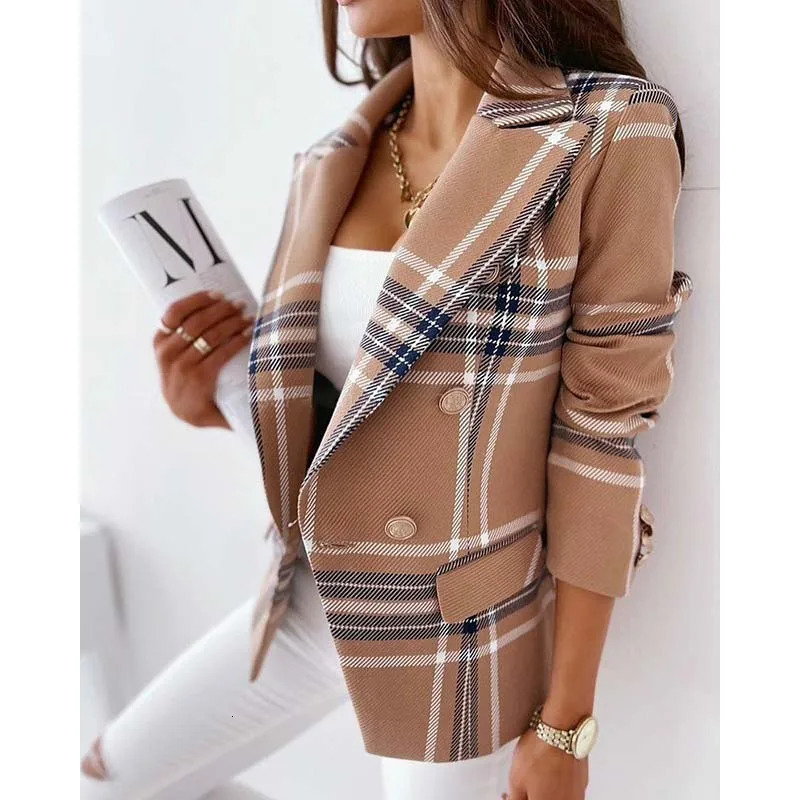 Womens plain weave jacket fashionable long sleeved double chest printed jacket beige jacket womens jacket office set 241111