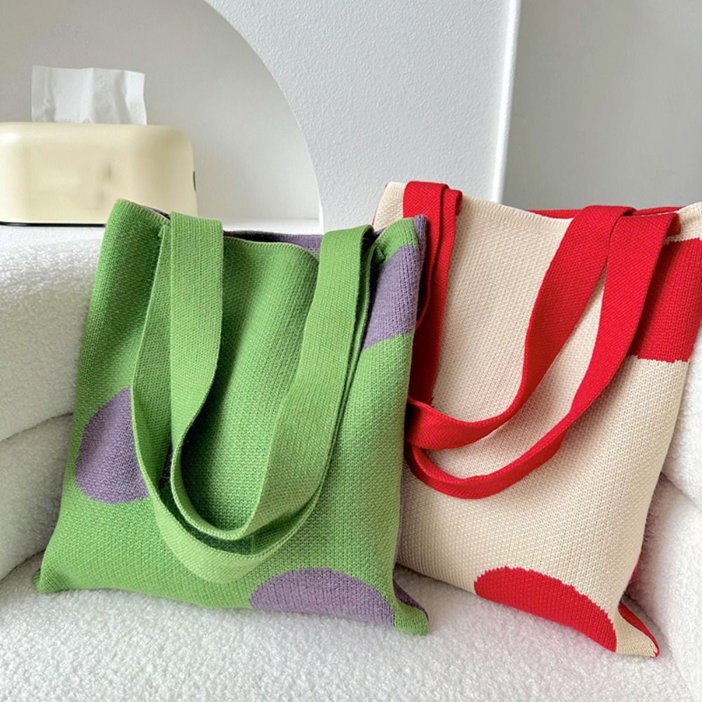 Wave Point Knit Handbag Reusable High-capacity Knit Knot Wrist Bag Tote Bag Student 36a70