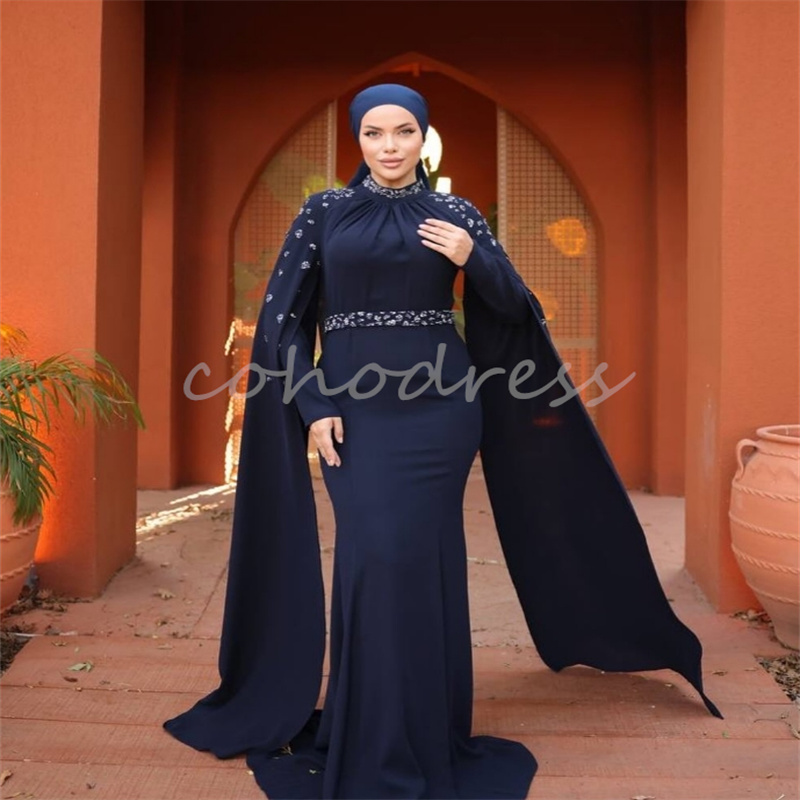 Amazing Mermaid Cafan Evening Dress With Rhinestone Beaded Elegant Long Sleeve Abaya Muslim Prom Dress Formal Party Birthday Occasion Vestio De Fiesta