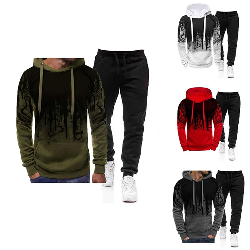 Spring Autumn Mens 2Pcs Suit Sweatshirt Splash HoodiesTracksuit Pants Casual Fitness Male Sportwear Men Clothing 241111