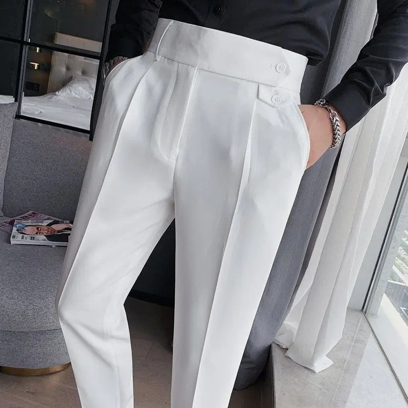 Spring and Autumn Fashion Korean Edition Casual Business High Waist Button Slim Fit Straight Tube Non Iron Mens Suit Pants 241112