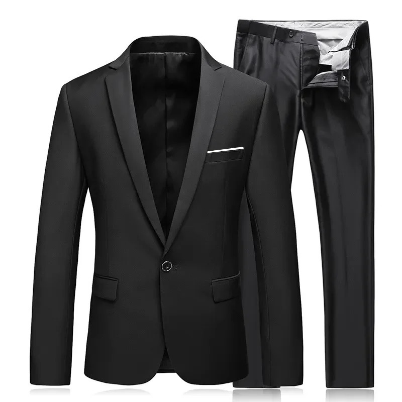 Mens Business Fashion High Quality Gentleman Black 2 Piece Suit Set Blazers Coat Jacket Pants Classic Trousers 240412