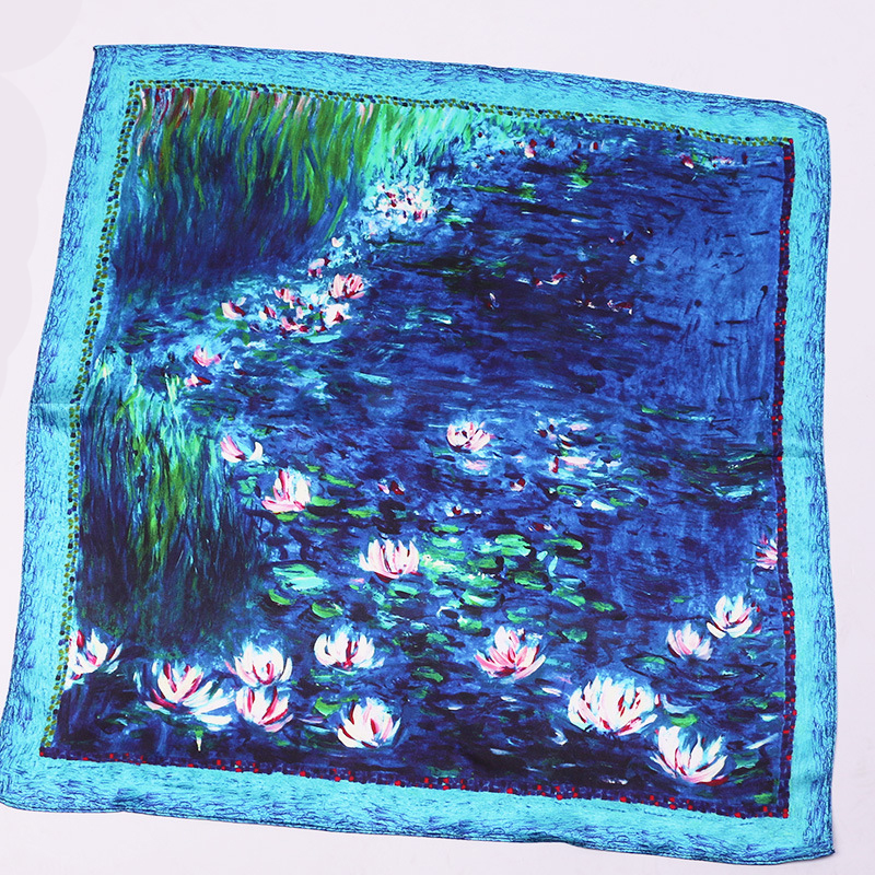 Brand 100% Natural Silk Women Scarf Claude Monet Oil Painting Water Lily Bandana Foulard Female Square Hair Scarves 53*53cm 9b804