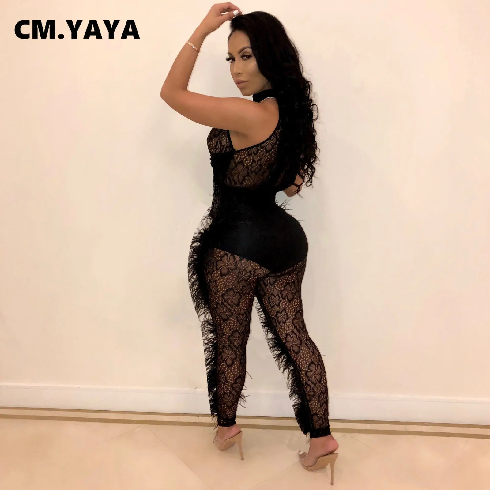 CM.YAYA Fashion Womens Sleeveless Lace See Through Fur Side Tight Elastic jumpsuit Street Clothing Sexy One Piece Set INS Playsuits 241112