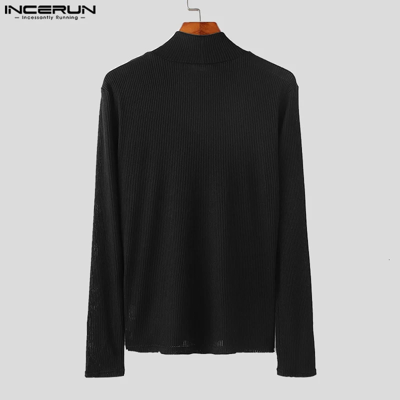 INCERUN Mens T-shirt Autumn Turtle Collar Long Sleeve Letter Printed Knitted Top Loose Breathable Striped T-shirt 241112