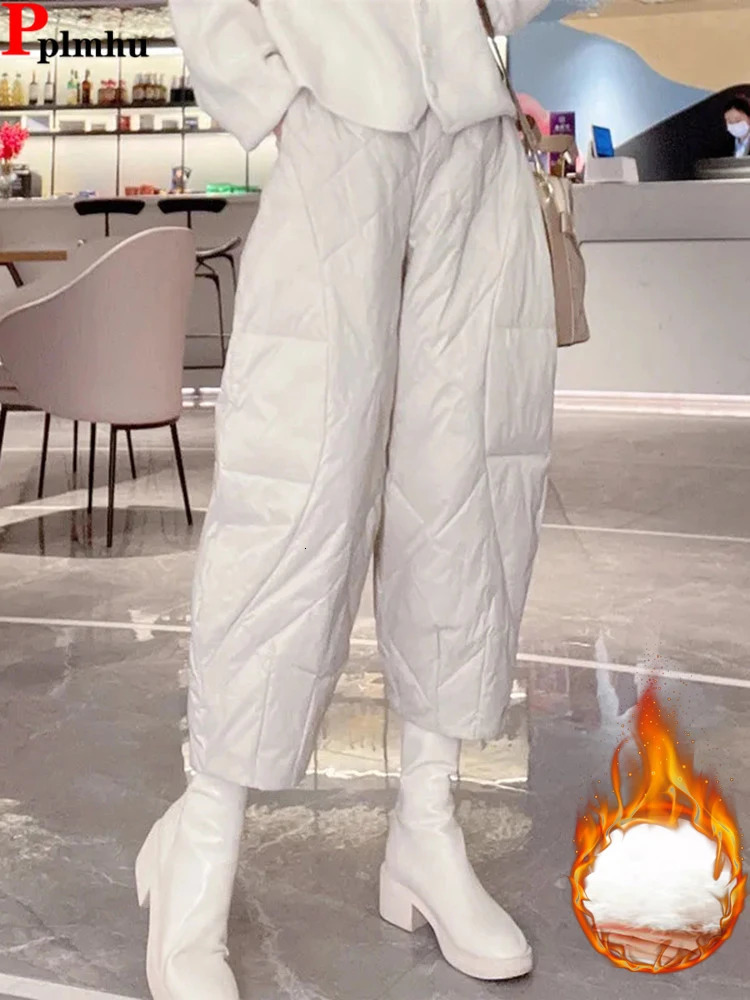 Winter thick harem capris pants cotton warm and casual thick windproof fluffy womens chiffon high waisted Spodnie 241112