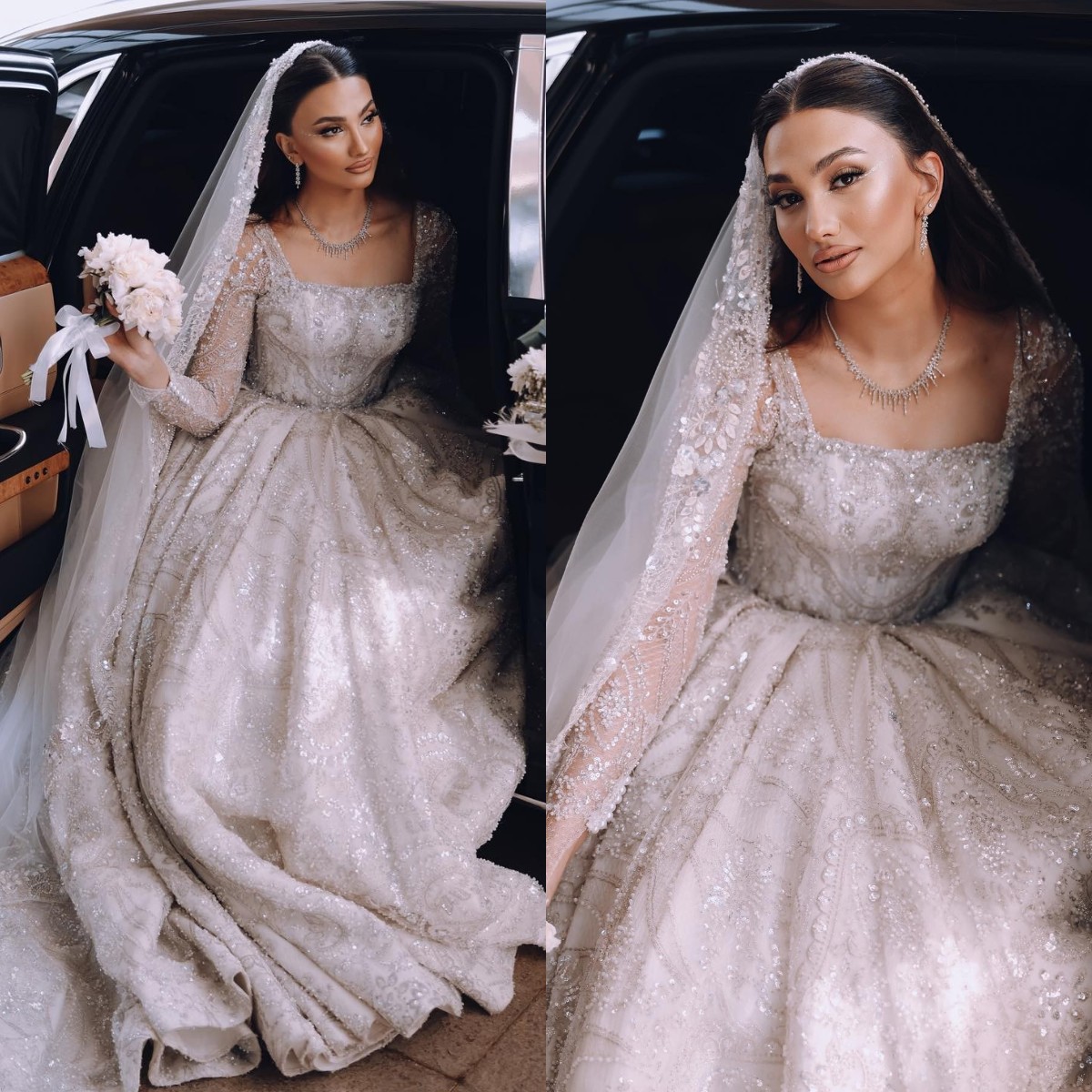 Saudi arabic crystal ball gown Wedding Dress for bride square neck long sleeves sequins beaded wedding dresses ruffle Dubai r Bridal gowns plus size