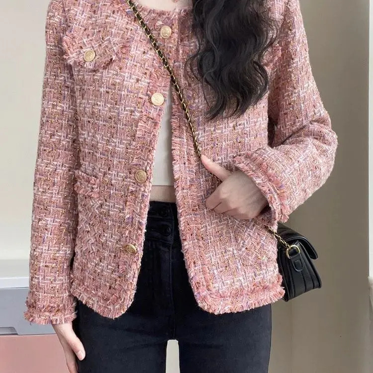 Pink Tweed Large Size Jacket Autumn /winter Small Fragrance Womens Coat Classic Tweed Large Size Cardigan Thick Jacket C33 241112