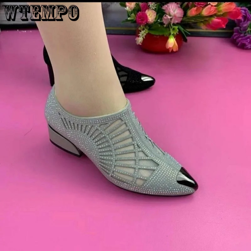 Soft leather mesh sandals hollow rhinestone toe shallow mouth slider low heeled womens boots spring and autumn 241111