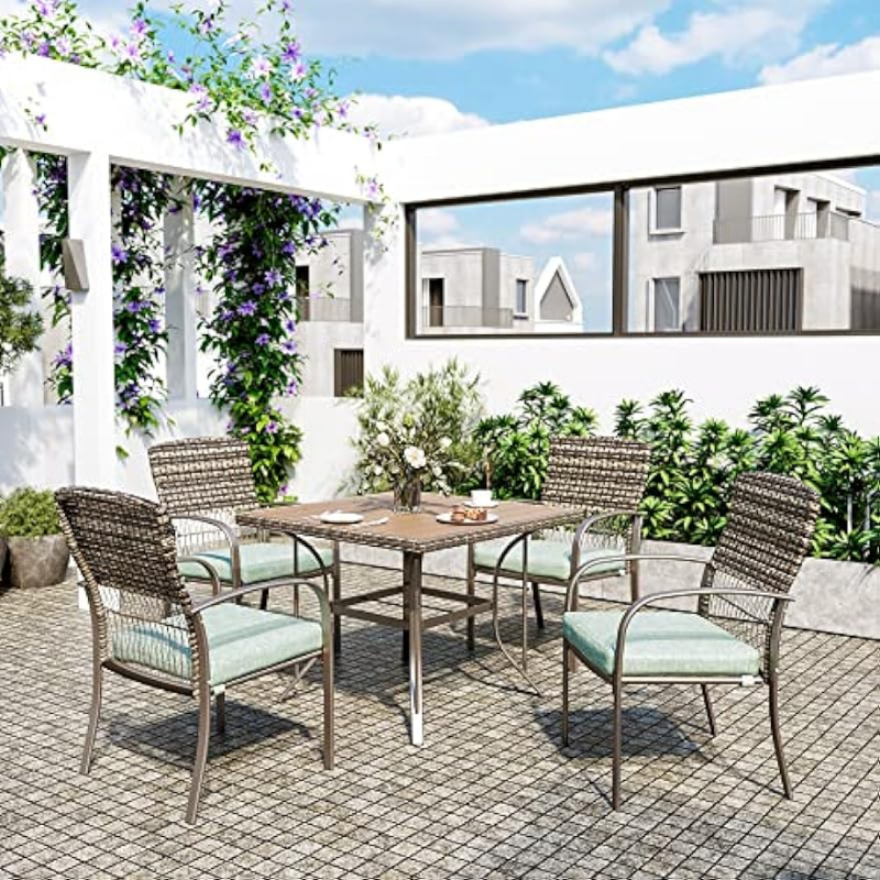 Pamapic Patio 5 Piece, Garden Dining Set, Outdoor Wicker Furniture Set with Square Plastic-Wood Table Top