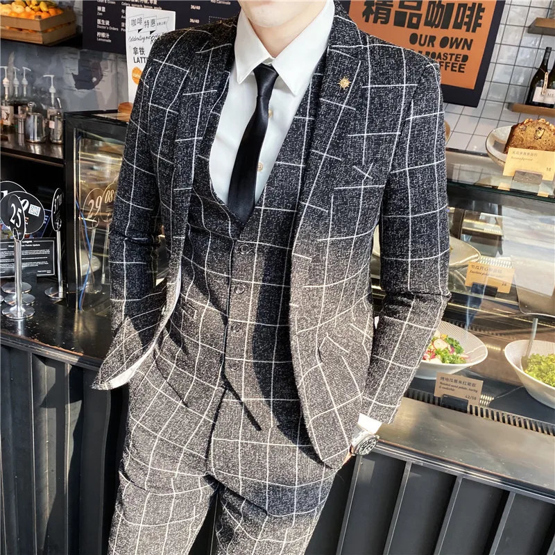Blazer Vest Pants Stripe Plaid Mens Formal Business Office Suit Groom Wedding Dress Party Stage Host Men Korean Slim Tuxedo 240412