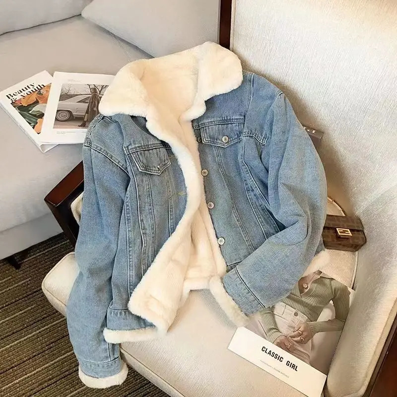 Winter Thicken Denim Jacket Women Two Sides Wearing Lamb Wool Outwear Female Loose Casual Warm Coat Lady POLO Collar Long Sleeve 241111