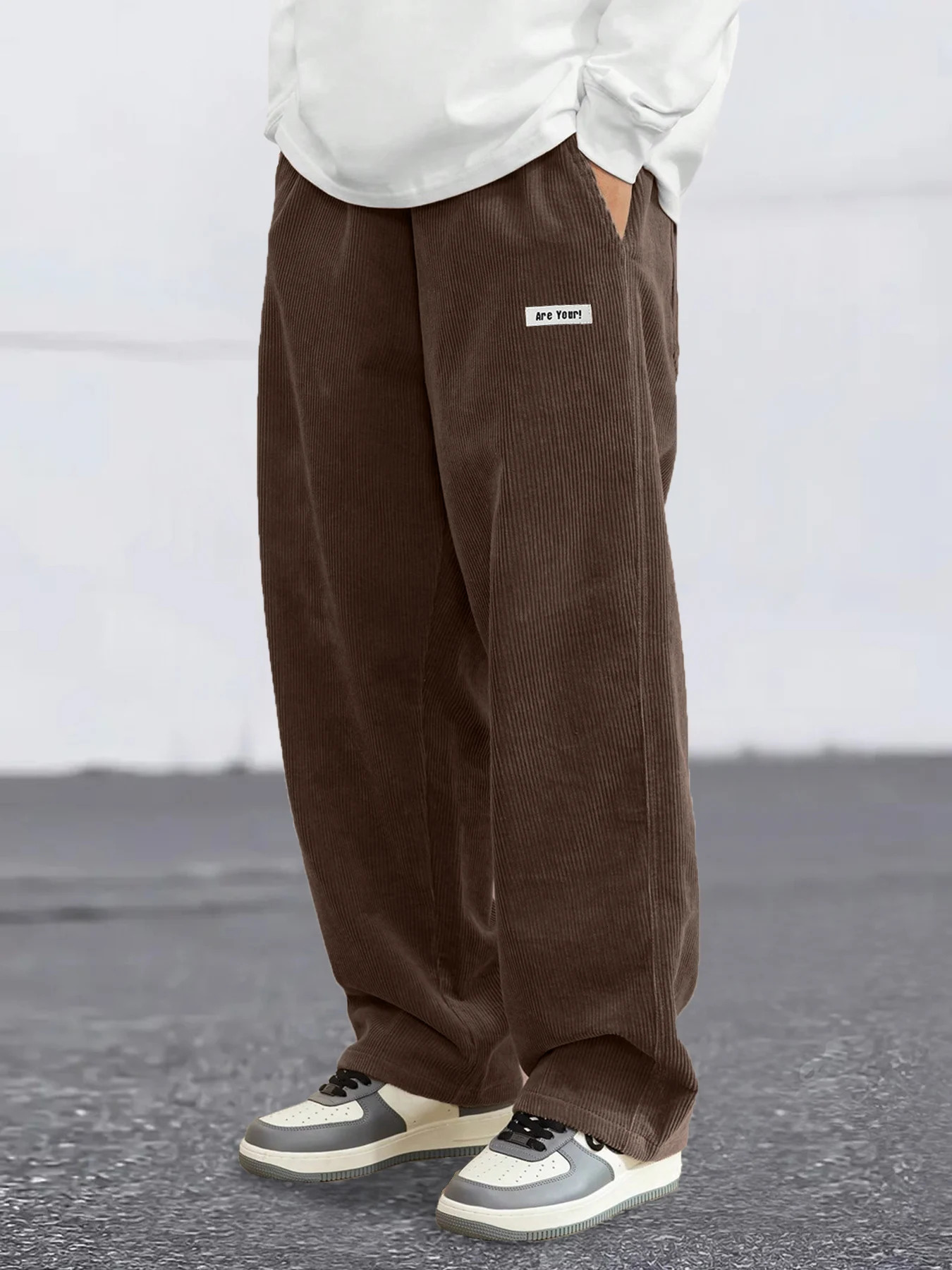 Mens Casual Regular Fit Full Length Drawstring Corduroy Pants Long Trouser with Character Cloth Label For Fall and Spring 241112