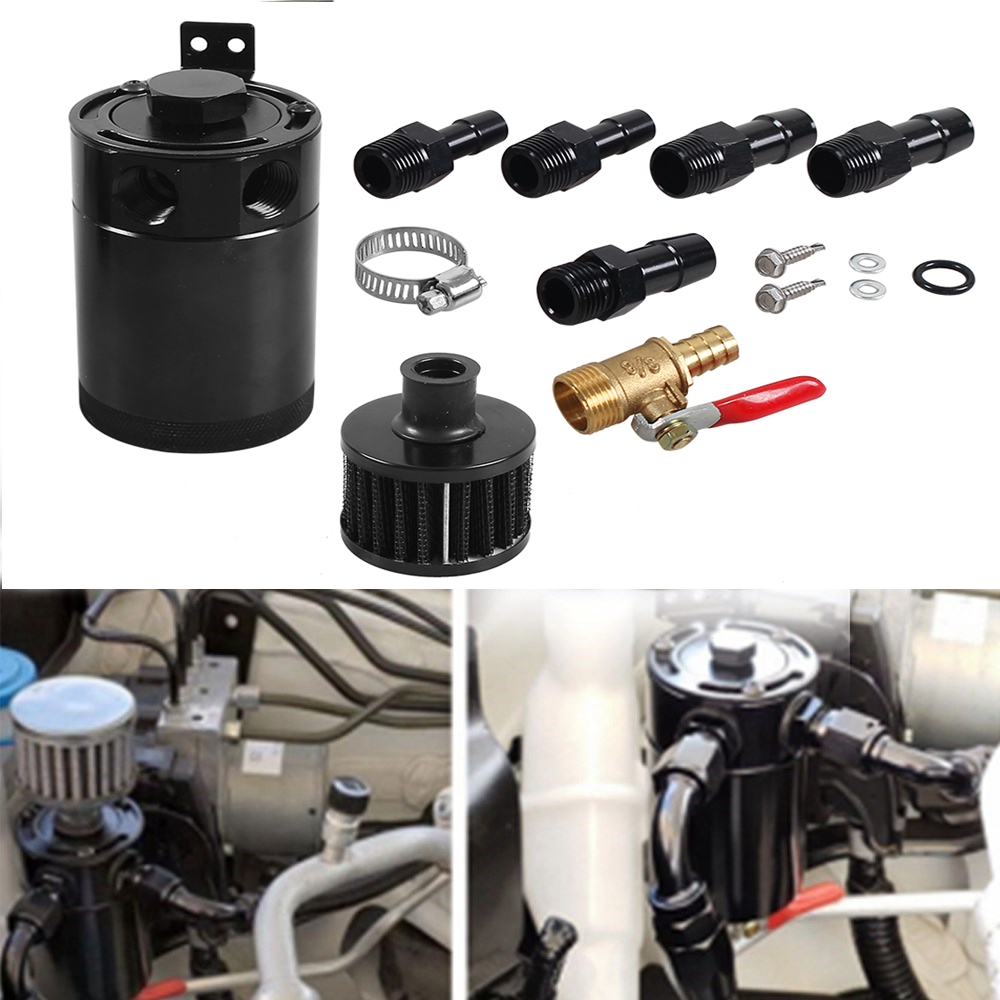 2-Port Catch Can Tank Separator With Breathing And Oil Drain Vae Filter Universal Aluminum Black