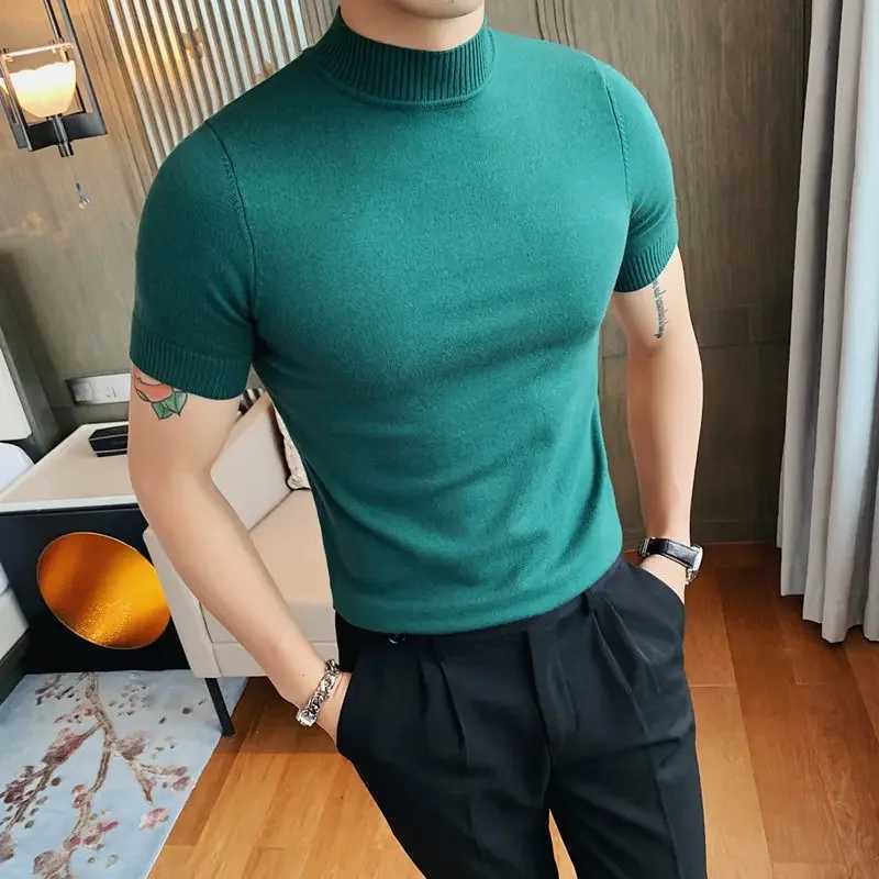 Large size 4XL-M autumn mens half turtle neck short sleeved knitted sweater mens ultra-thin elastic solid casual floral street clothing W2411111