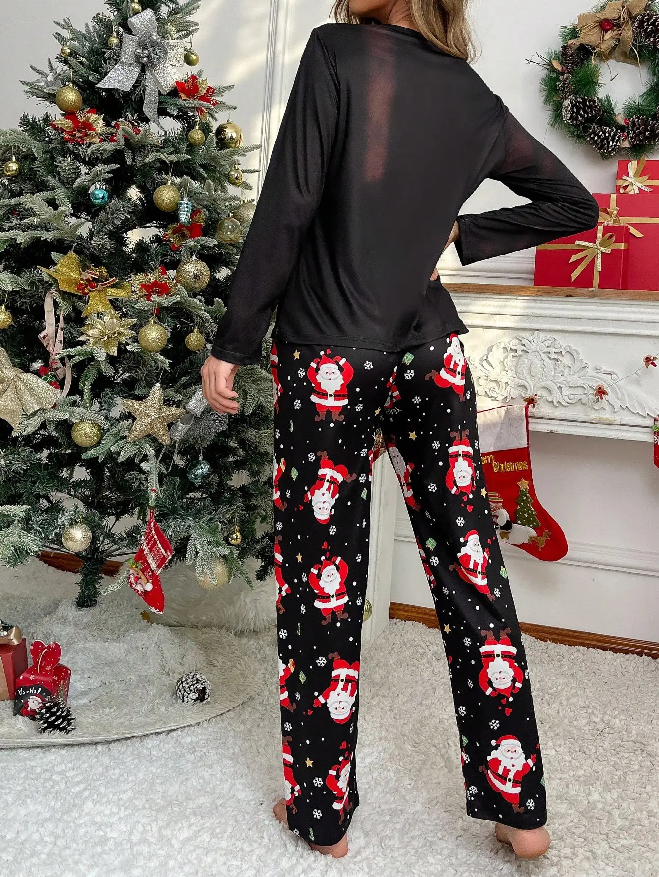 Christmas Ladies Pajamas Set Santa Print Crew-Neck Long Sleeve T-Shirt Top and Pants Pajamas Set Christmas Pajamas 241112