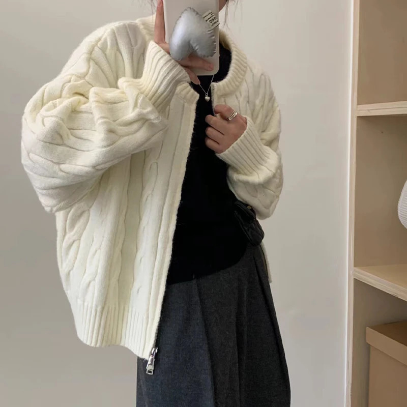 solid color zipper knitted cardigan womens autumn and winter casual twisted long sleeved sweater jacket 241112