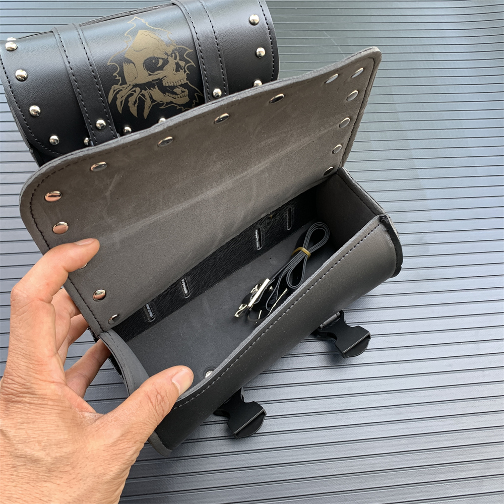 Universal Black Skull Motorcycle Handlebar Durable Waterproof PU Leather Saddlebags Storage Pocket Tools Holder Bag