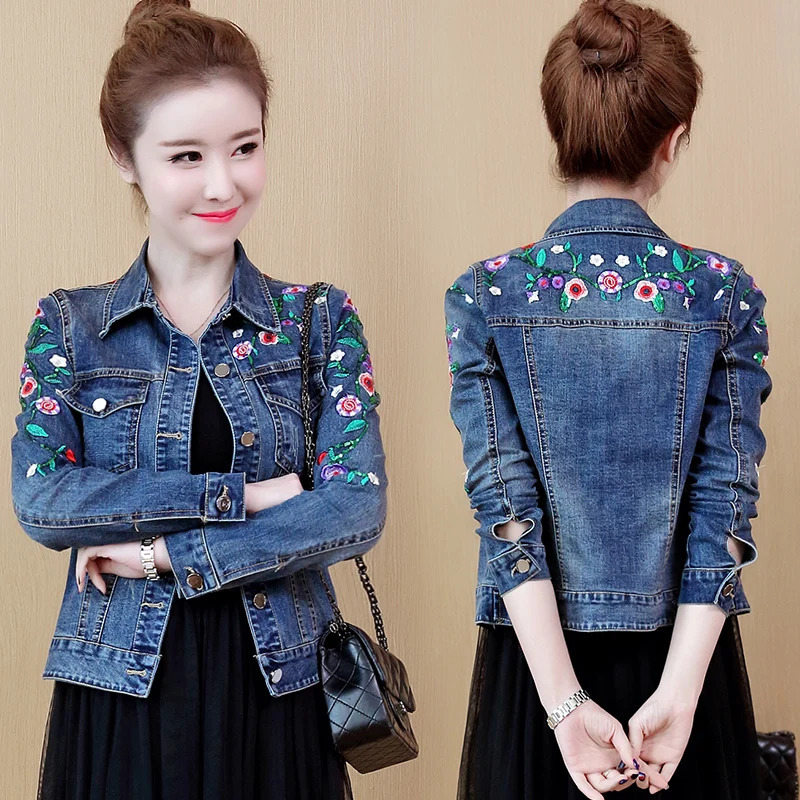 Embroidered denim jacket 5XL womens short jacket spring/summer retro slim fit denim jacket casual womens top 241112