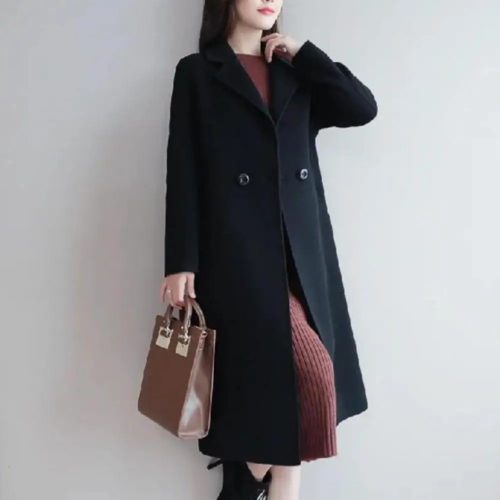 Women Autumn Winter Solid Color Woolen Coat Lapel Long Sleeve Two Buttons Pockets Midlength Cardigan Outwear 241108