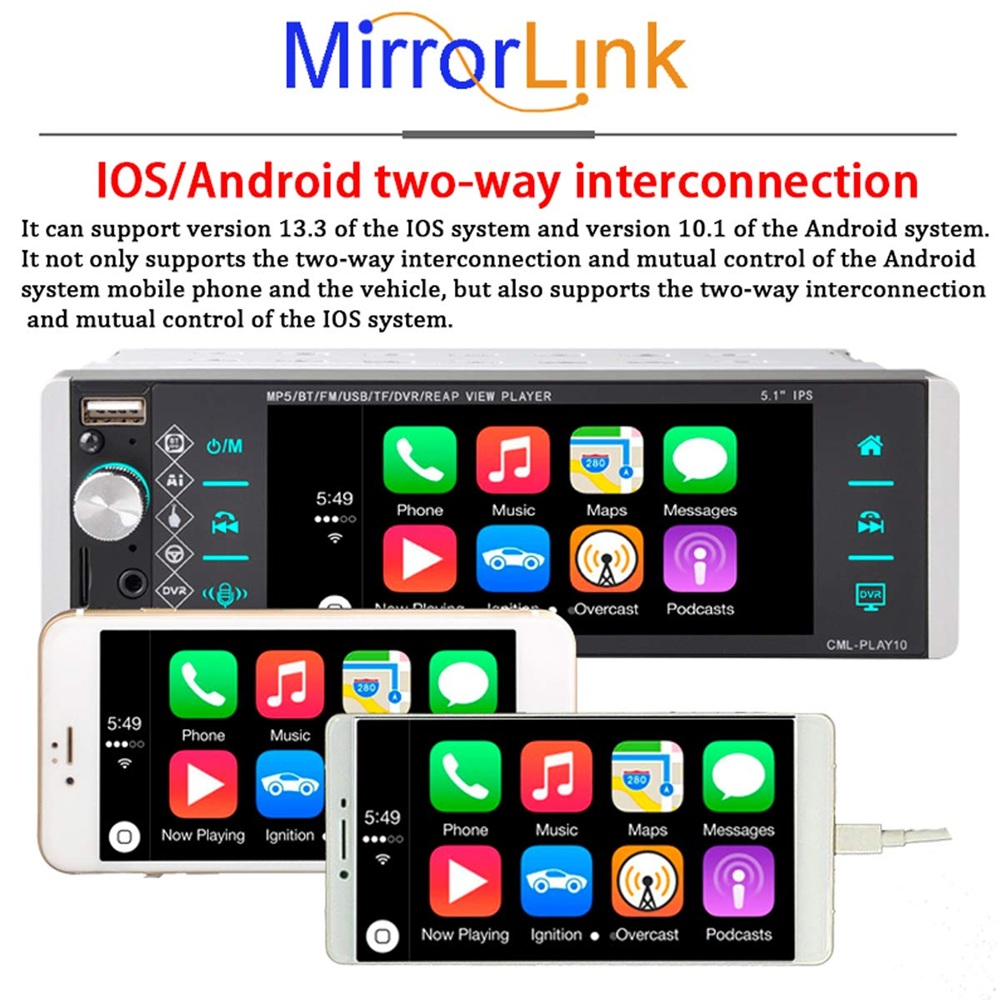 1din MP5 Player Touch Car Radio FM 4-USB 5.1 Inches Support Android Mirrorlink Bluetooth Carplay Autoradio DVR b8608