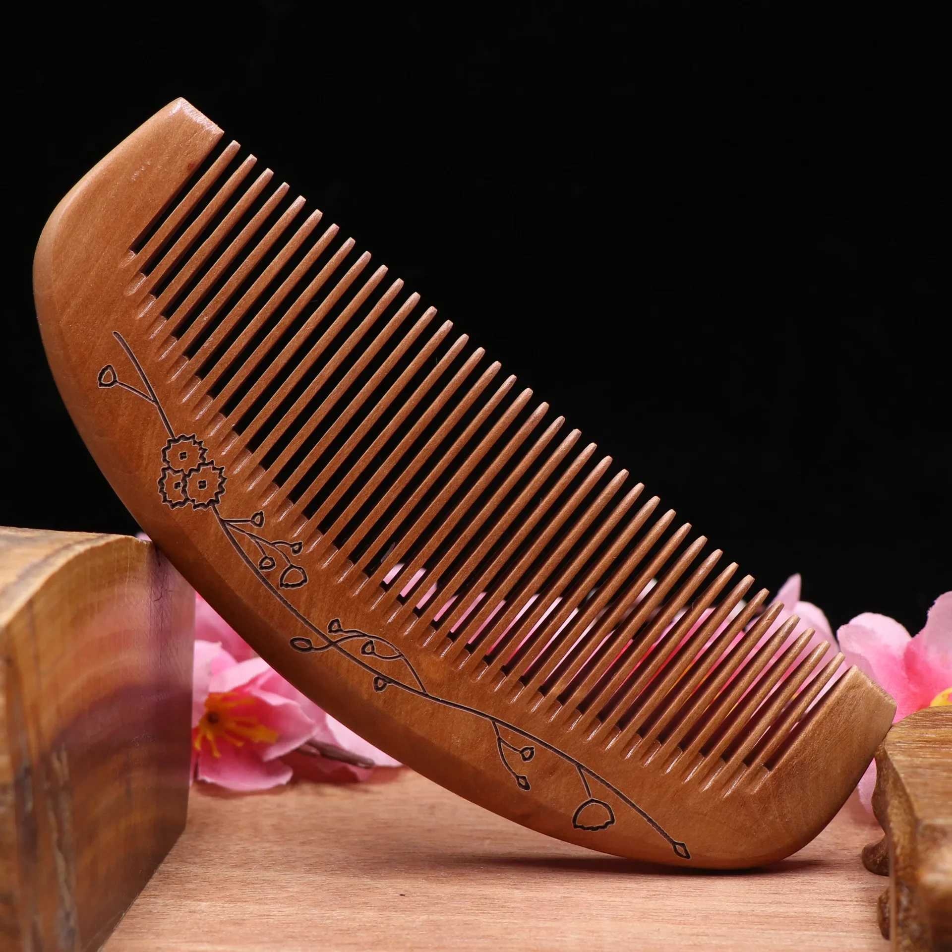 Thick and exquisite antique peach wood comb carved with electrostatic hair and wooden hair comb W241112