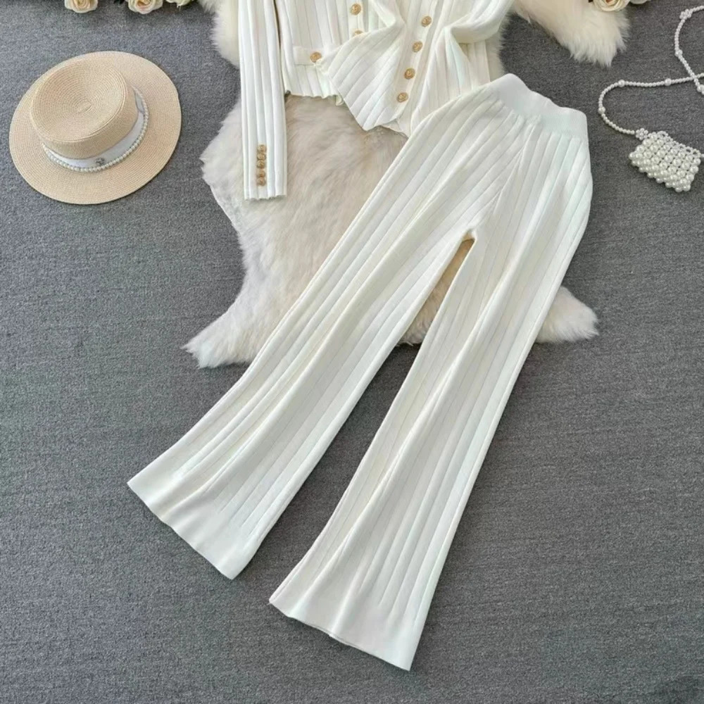 Korean Office Ladys Knit Outfit V-Neck Long Sleeve Slim Single Breast Sweater Cardigan With Vest And Wide Leg Pants 3-Piece Set 241112