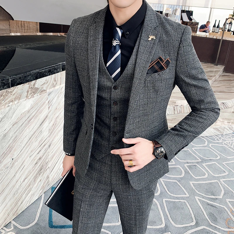 High Quality British Korean Modified Plaid Men suit Vest Trousers Stylish and Handsome Business Casual Threepiece Suit 240412