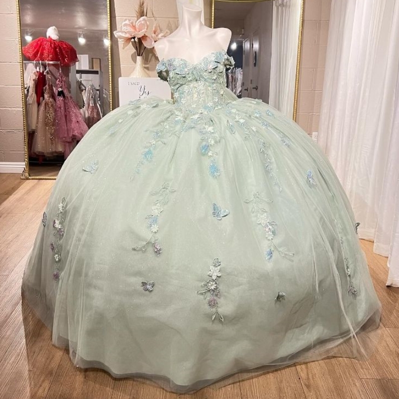 Light Green Quinceanera Dresses Sweet 16 Year Ball Gown Off the Shoulder Applique Bow Tull Party Birthday Dress for Girl vestidos de 15 anos
