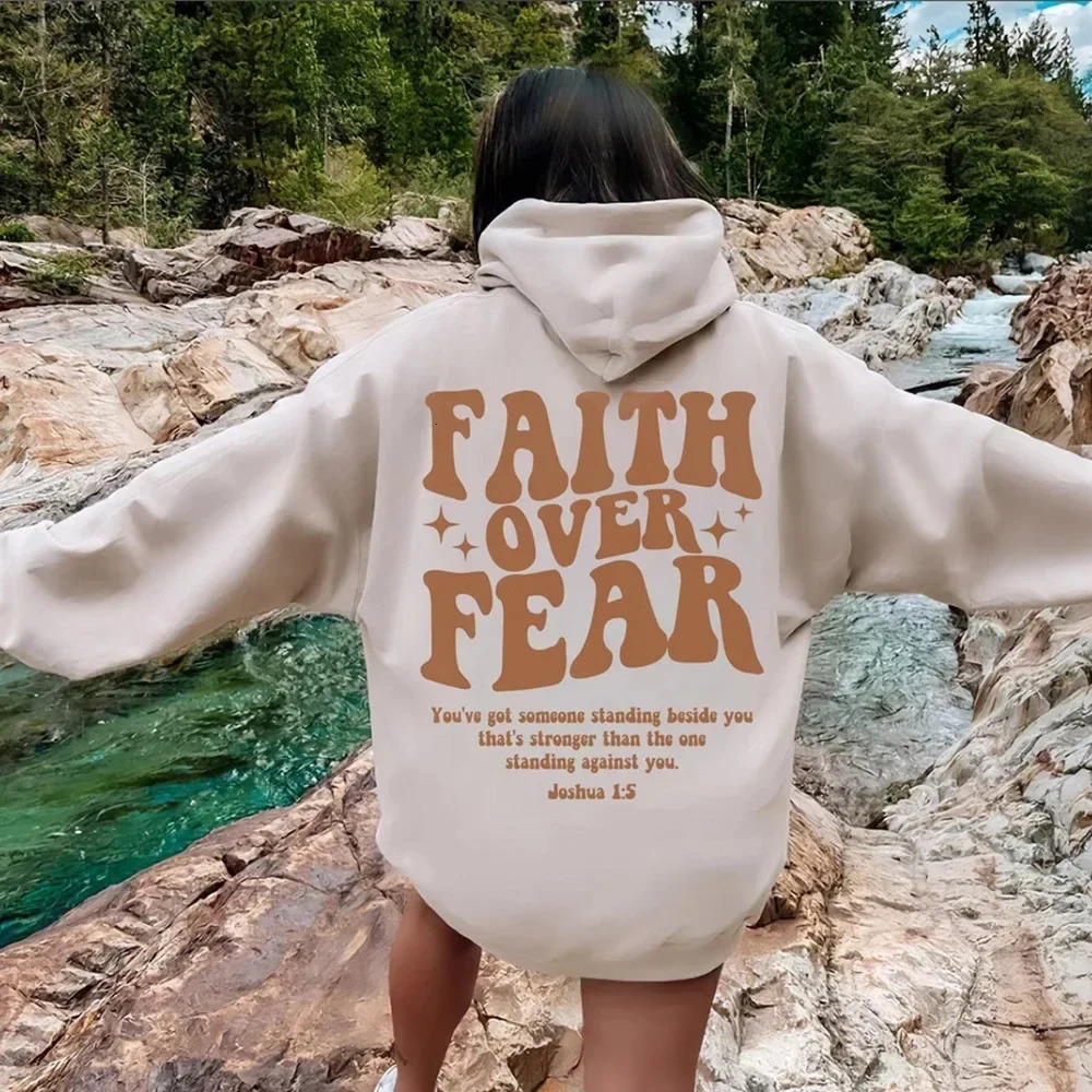 FAITH OVER FEAR Plush hoodie sweatshirt men and women autumn winter couple tops loose 241112