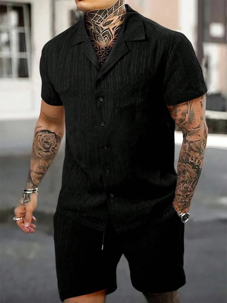 Casual Solid Color Short Sleeve Buttonup Shirts Mens Shorts Two Piece Suits Summer Beach Leisure Loose Outfits Men Fashion Sets 240409