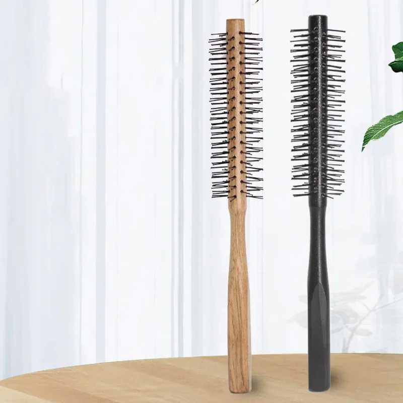 Mini round nylon hair brush with curly styling comb suitable for thin or short haired men with wooden handle W241112