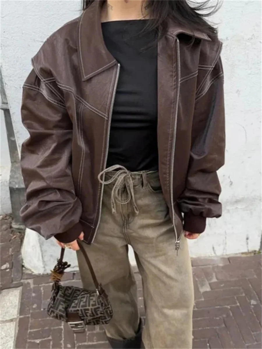 Womens Retro Solid Red Leather Splicing Zipper Jacket Casual Fashion Collar Long Sleeve Cool Jacket Womens Autumn Jacket 241111