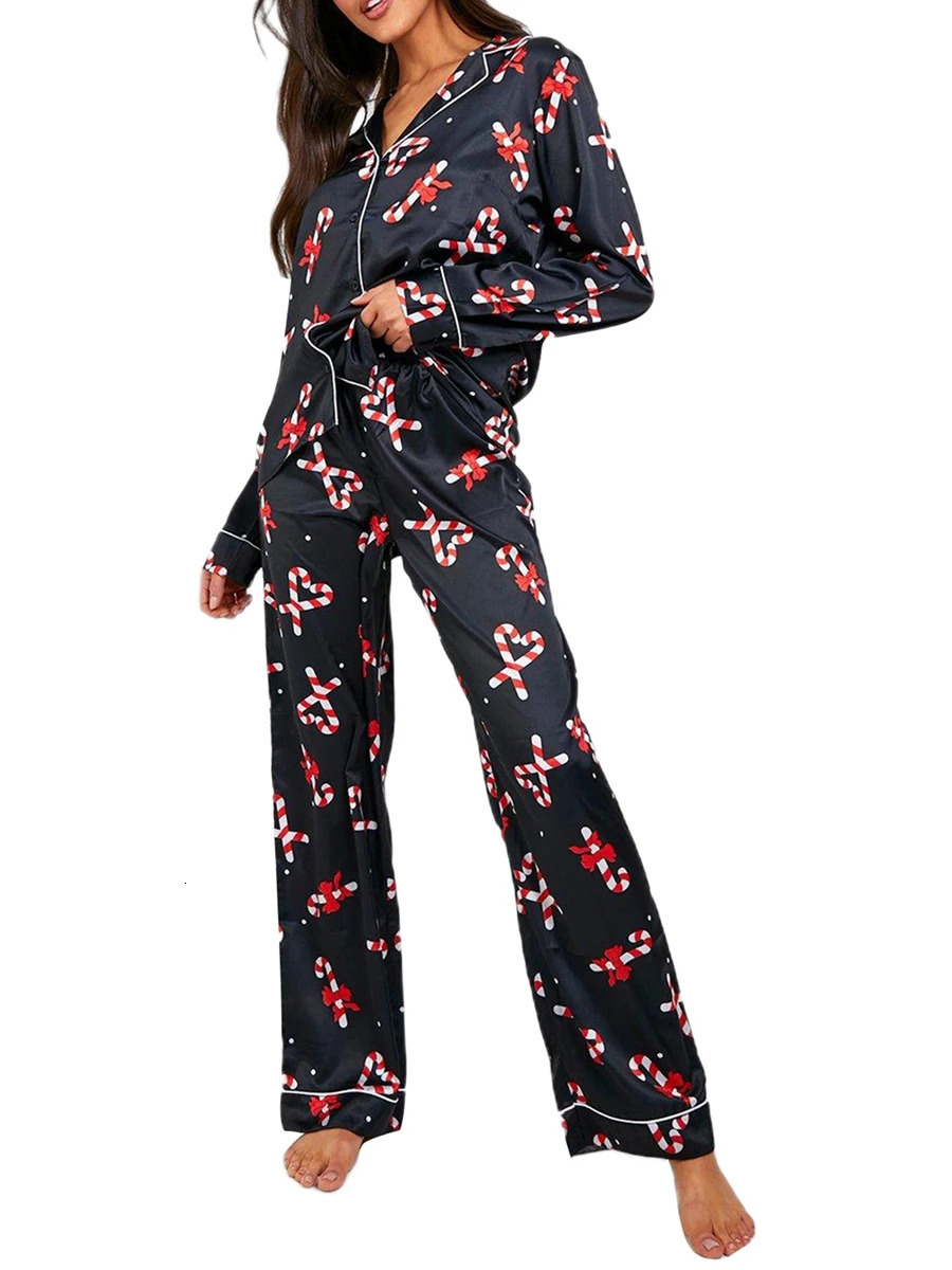 Women Christmas Pajamas Lounge Set Candy Cane Print Long Sleeve Shirts Tops and Pants 2 Piece Loungewear Outfits 241112
