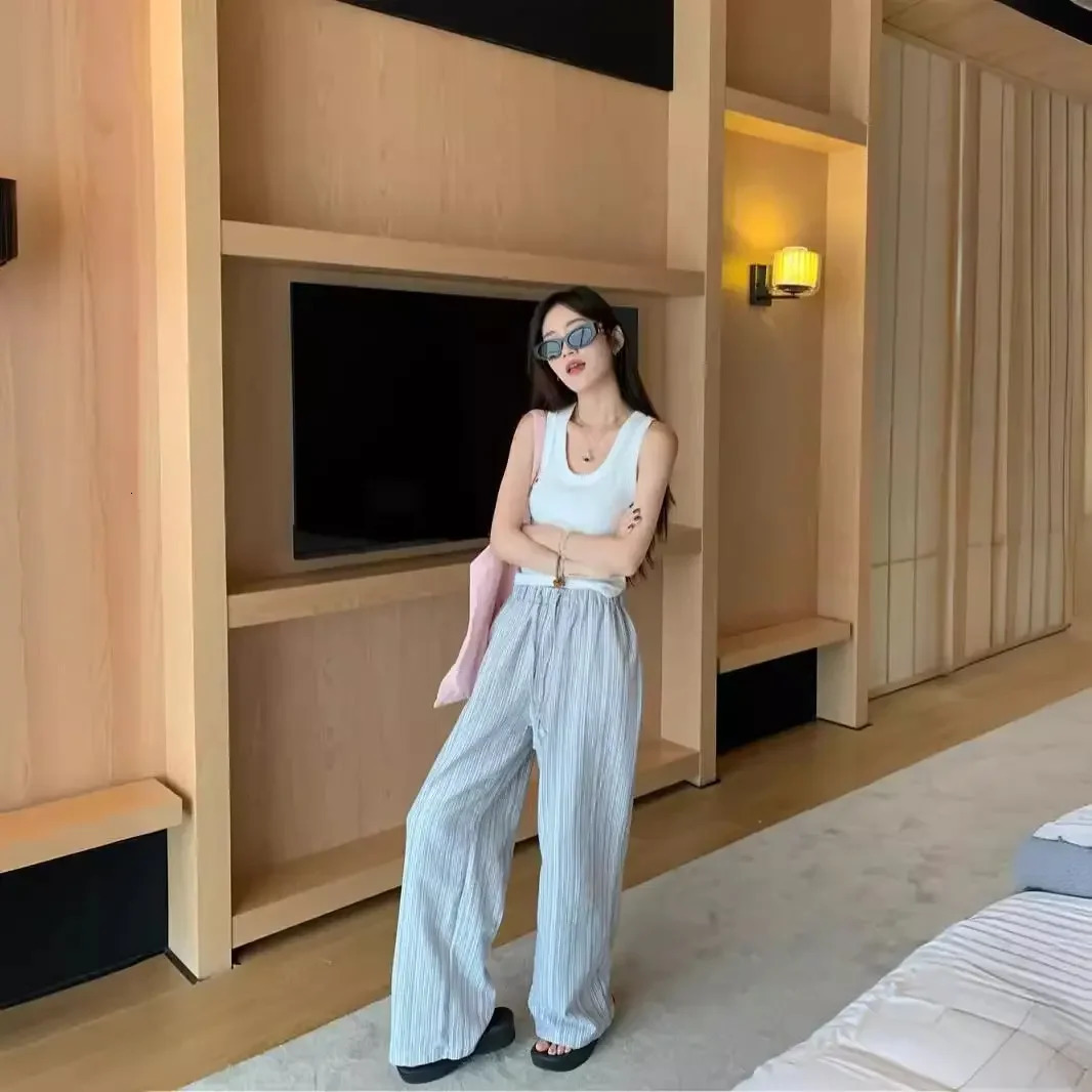 Simple Idle Sle Retro Thin Blue Stripes Casual Pants Women Summer Drawstring Elastic Waist Loose Straight Pants 241112