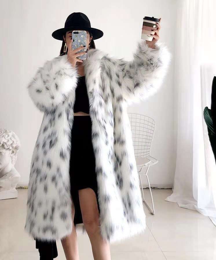 shanshi fur coat women Imitation Korean version medium coat for women black spot pattern long loose imitation fox fur