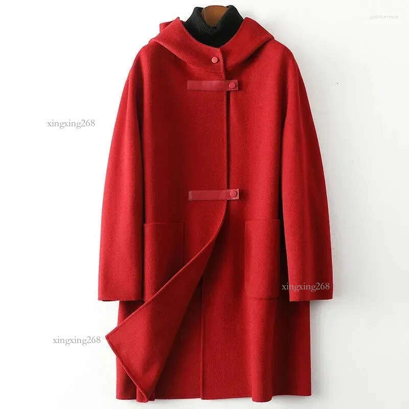 Women's Wool Double Side Cashmere Coat Women Autumn Winter Hooded Loose Long Woolen Camel Red Outerwear Clothing Female