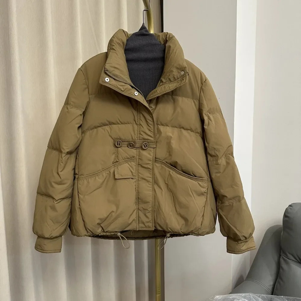 Winter Stand up Loose White Duck Down Jacket Womens Button Solid Color Warm Casual Puff Bread Coat 241112